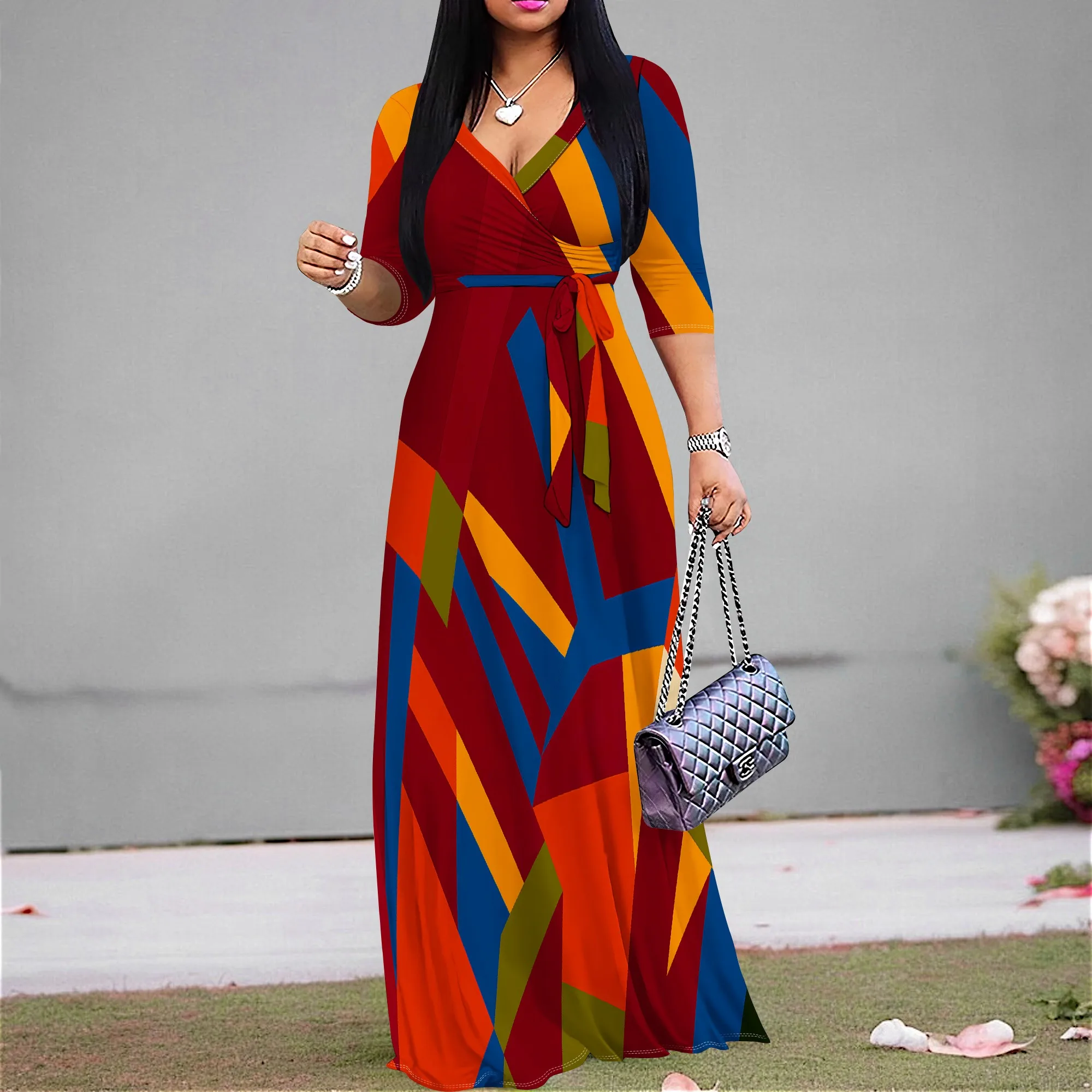 

Retro Geometric Wrap Maxi Dress S-3XL V-Neck Long Style with Belt for Fall Brunch, Afro Festival or Cultural Streetwear Look