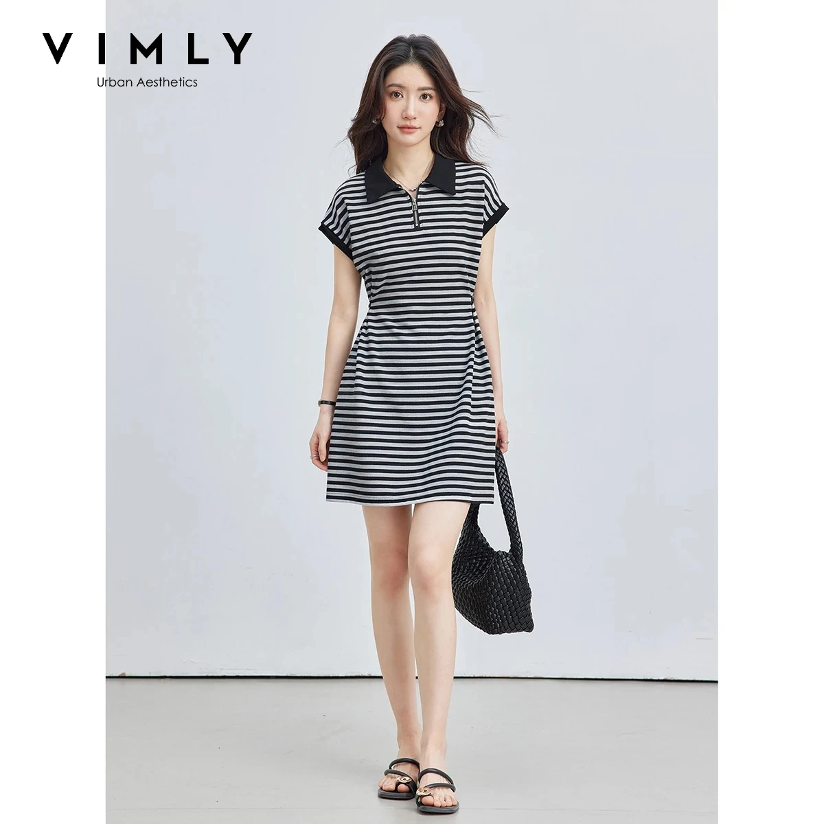 VIMLY Casual Half-Zip Striped Mini Dress for Women Colorblock Lapel Collar Slim Waist A-Line Sleeveless Knit Summer Dress 31120