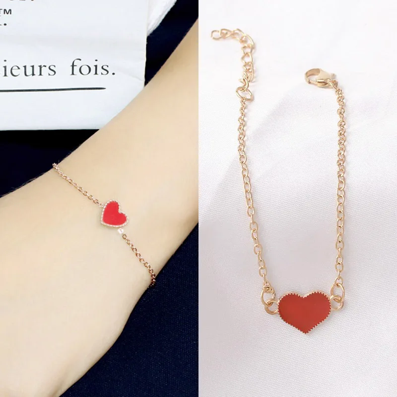 Sweet Enamel Red Heart Pendants Bracelets for Girls Gold Color Short Chain Anklets Korean Fashion Lovely Hand Accessories