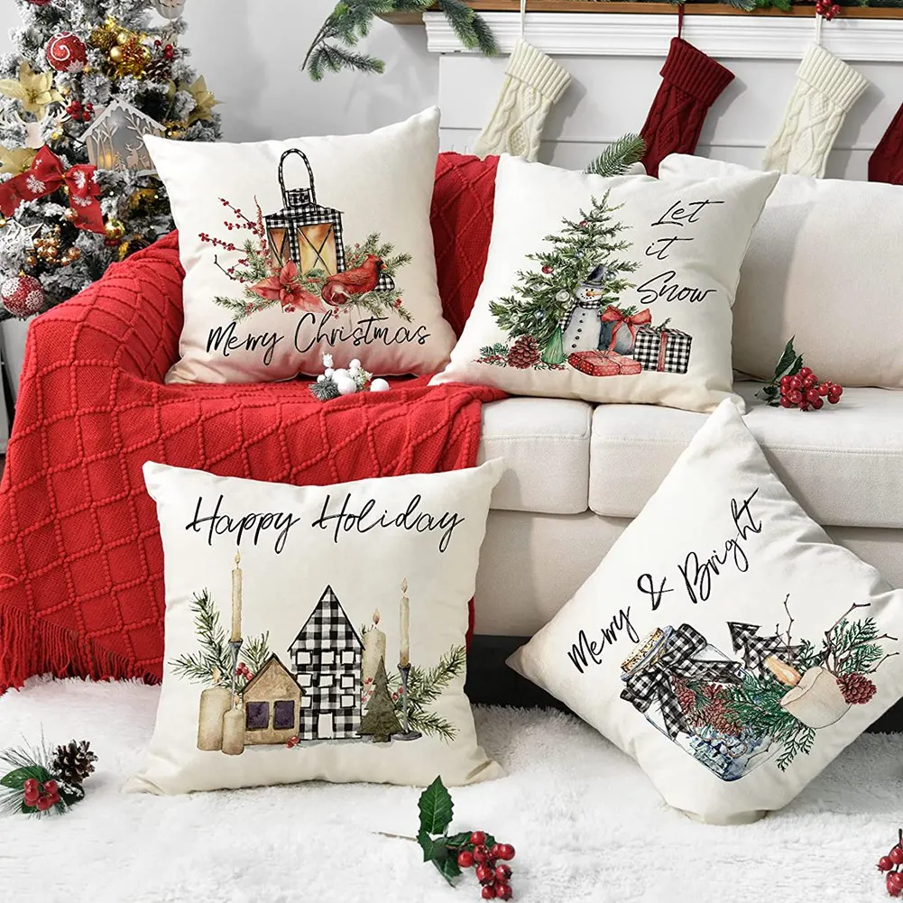 Christmas Throw Pillow Covers 18X18 Set of 4 Buffalo Check Plaid Snowman Tree Cushion Case Decoration for Sofa Couch