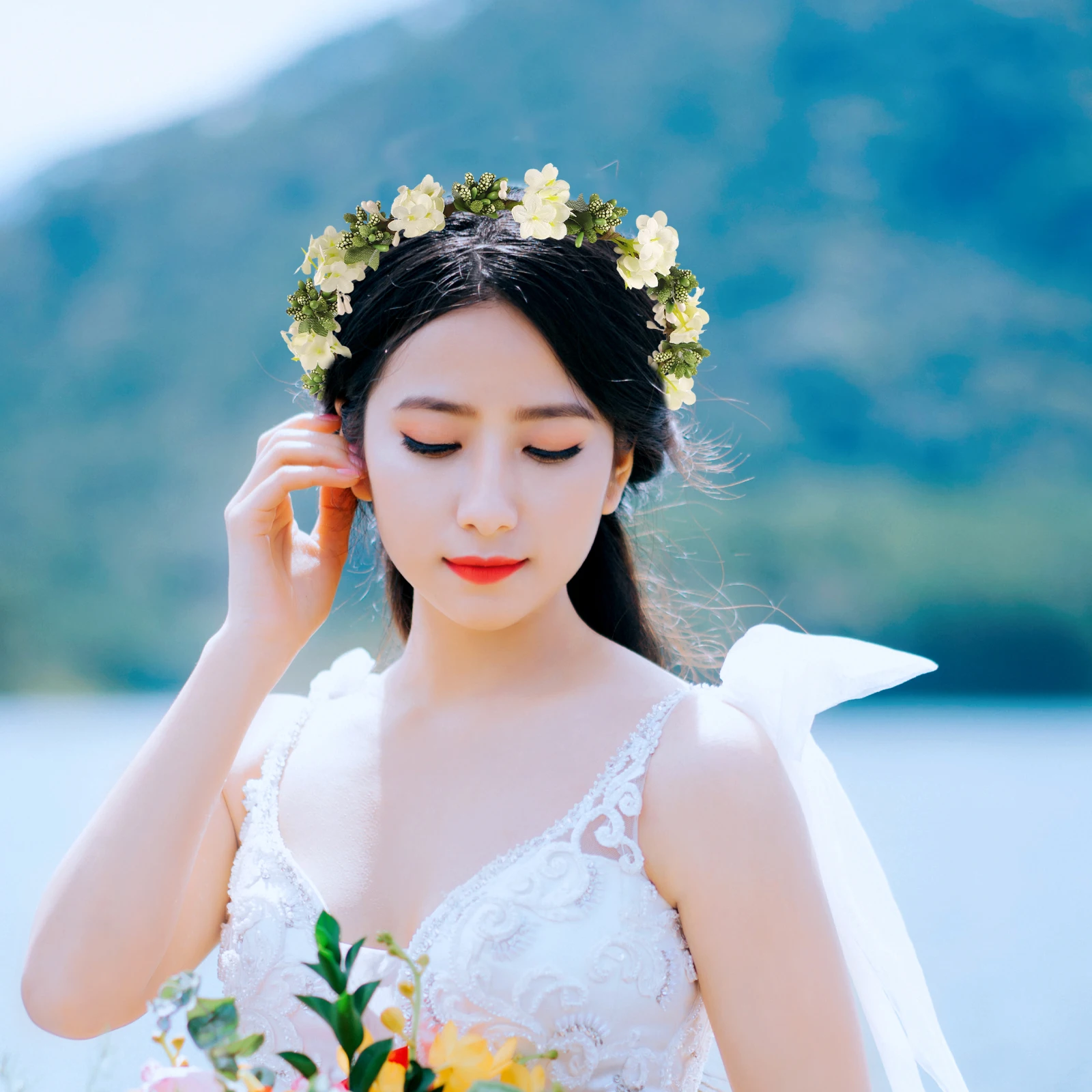 

Floral Headband Wedding Bridal Hair Accessories Adjustable Head Wreath For Bridesmaid Travel White