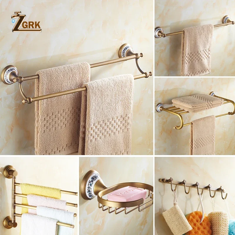 ZGRK Antique Bathroom Accessories Carved Brass Hardware Set Wall Mounted Towel Bar Paper Holder Cloth Hook Bathroom Hardware Kit