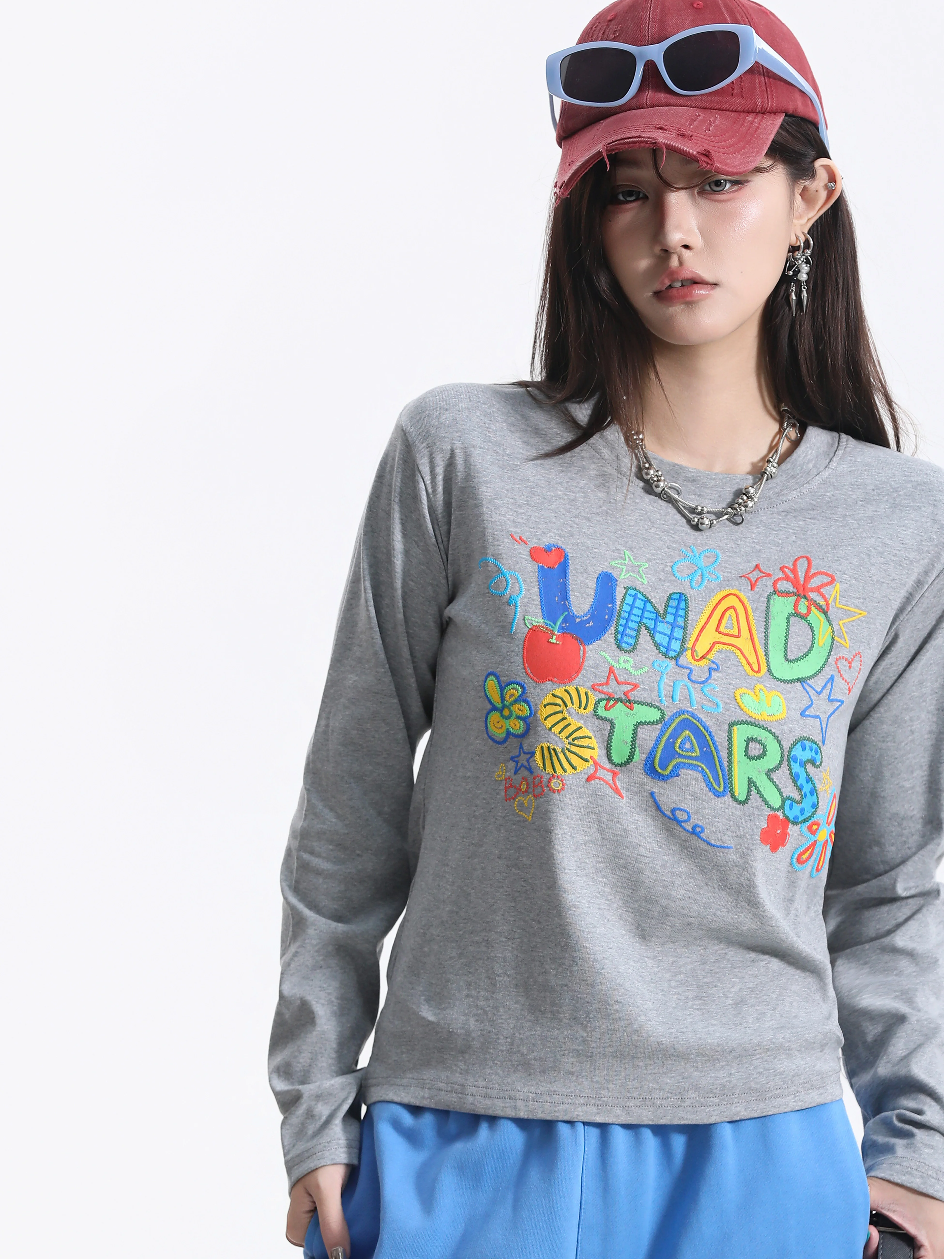  Graffiti Letter Print Long Sleeve T-Shirt Women's Basic Style Couple Match Cotton Casual Top Small Ball American Style