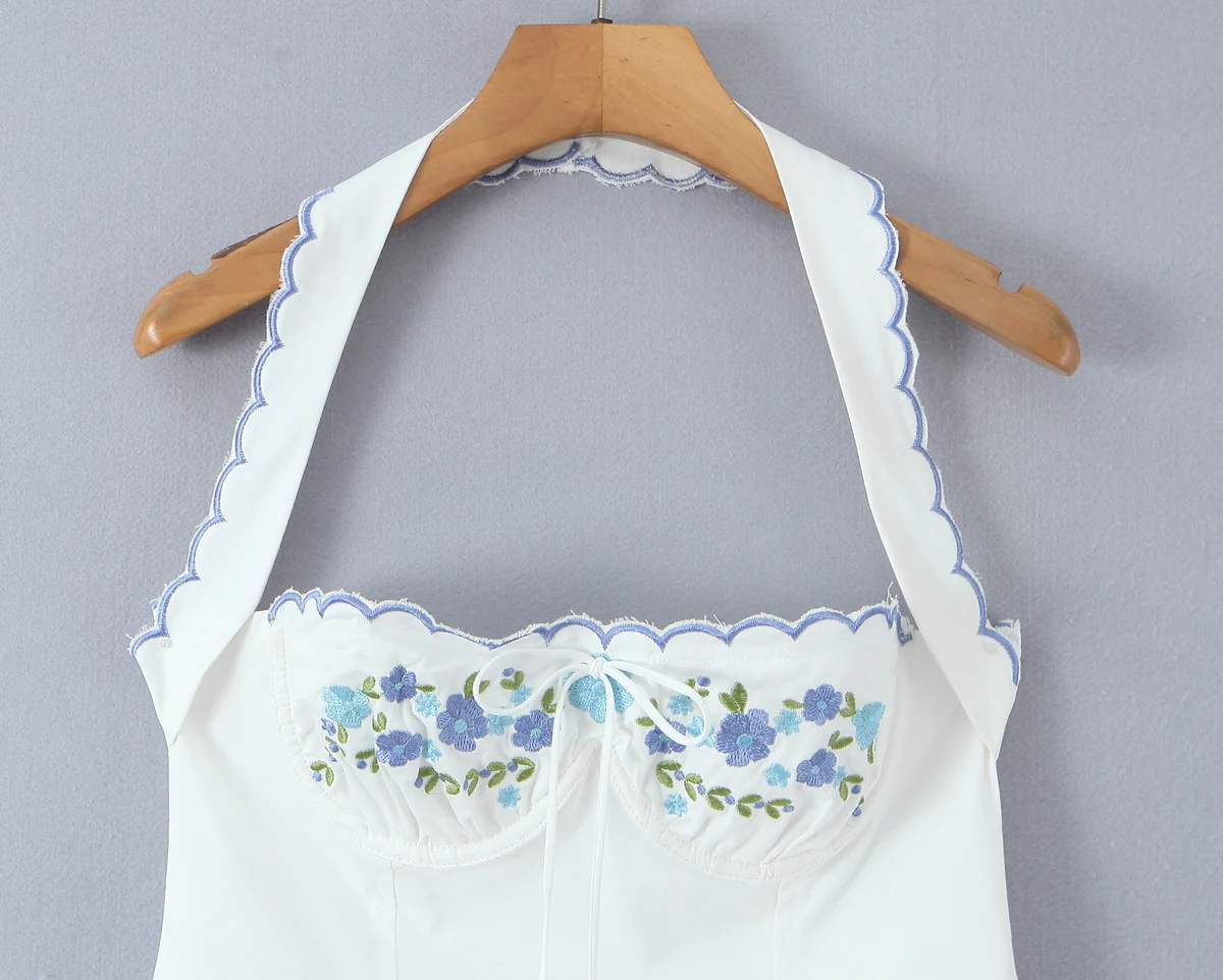 Sexy blanc broderie vague reliure licou fronde robe femmes fleur soutien-gorge fil taille basse courte robe de bal robes trapèze robes