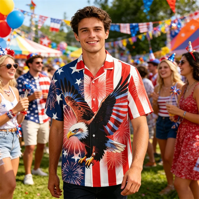 

America 250th Outdoor Street Funny Casual Flag Print Shirt For Men Graffiti Style Short Sleeve Loose Shirts Patriotism And Pride