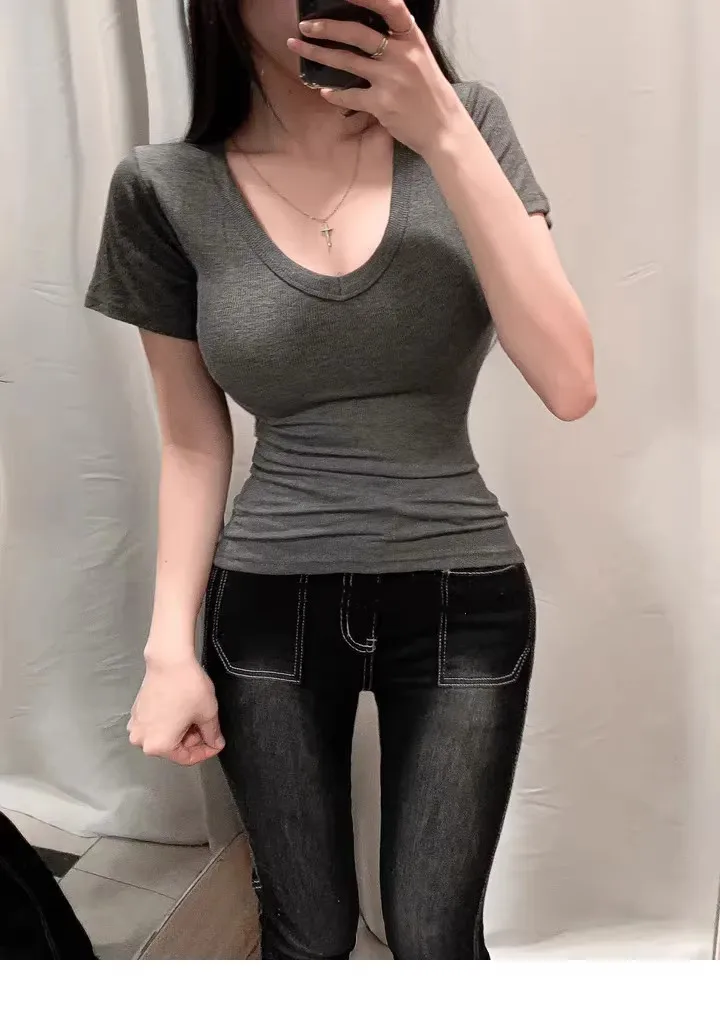 2026 Kurzarm-T-Shirt für Damen, einfarbig, schlicht, lässig, weich, vielseitig, Basic Crop Tops, Sommermode, eng anliegende Oberteile, Schwarz, Weiß – Detail 12