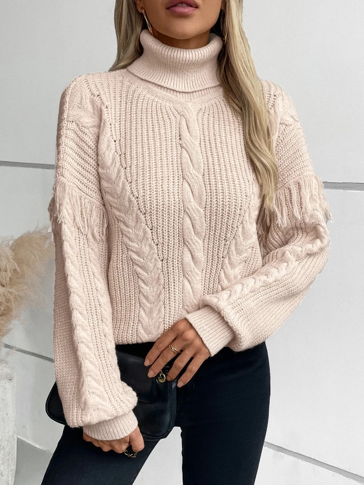 

Women's Retro Style Sweater 2025 Autumn Winter Latest Solid Tassel Twill Pullover Long Sleeved Knit High Neck Loose Fit Top