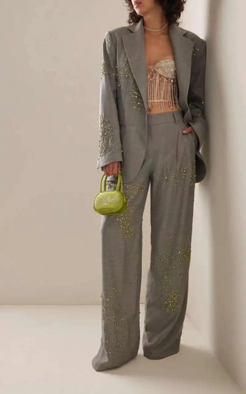 Fashionable Women Suits 2 Piece Blazer Pants Notch Lapel One Button Beads Lady Party Banquet Occasion Wear Customized