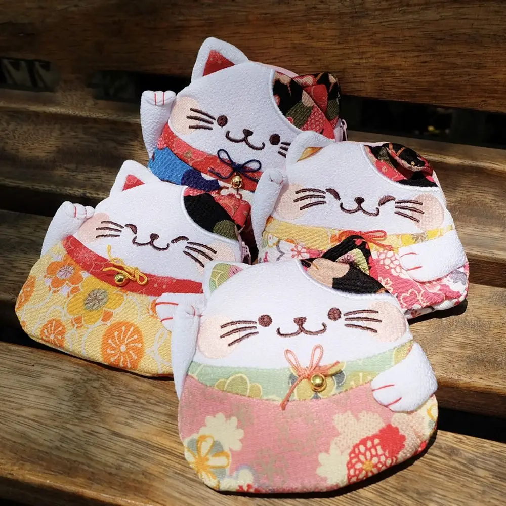 Retro Japanese Style Maneki Neko Coin Purse Zipper Wallets Lucky Cat Clutch Bag Flower Printing Storage Bag Card Holder Women