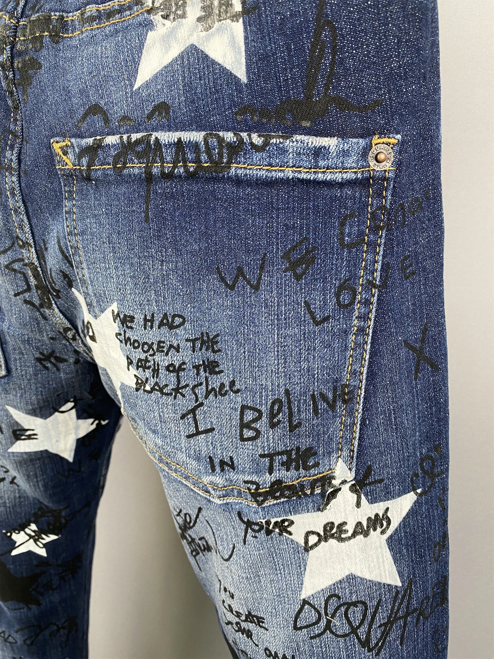 2024 New D2 Jeans Men's Washed, Worn Out, Micro Elastic Paint, Speckled Ink, Trendy Brand, Slim Fit, Small Feet, Black