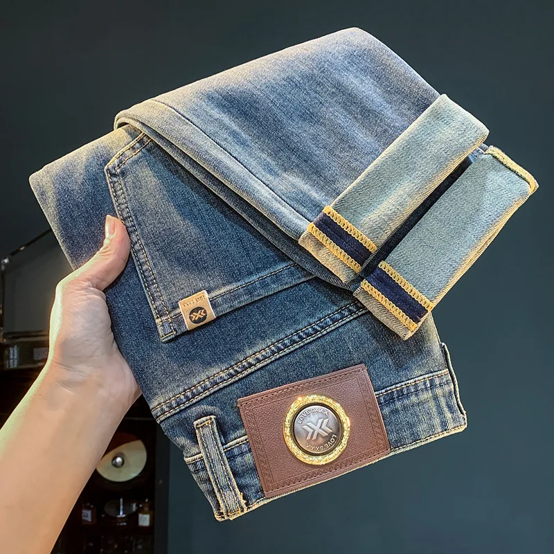 Fashionable and minimalist jeans for men, high-end trend, casual stretch denim, slim fit, small straight leg pants