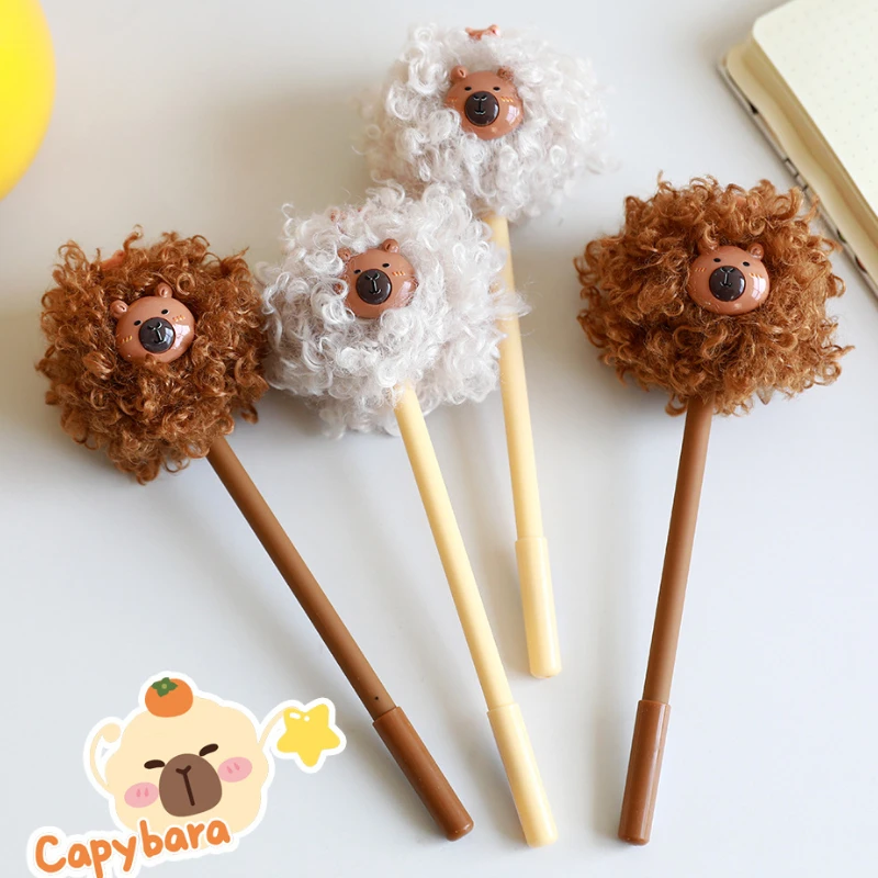 4/2Pcs Capibala ball decorative plush round cute pendant  0.5mm neutral pen for kids fun stationery