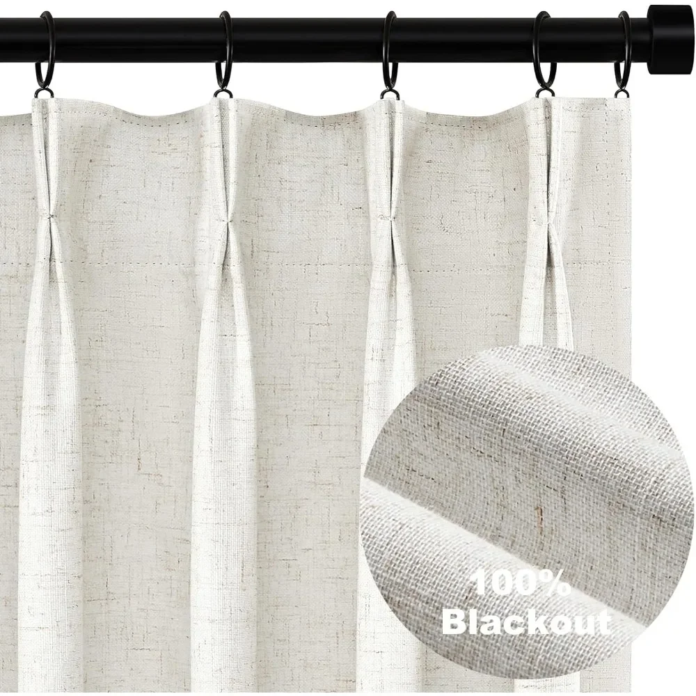 

Pleated Curtains 96 Inch Long, 100% Blackout Thermal Insulated Natural Linen Pinch Pleat Viral Drapes with Hooks Rings 2 Panel