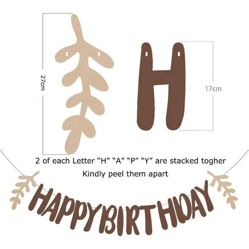 Braune, neutrale Happy Birthday-Banner mit grünen Blattdekorationen, beige Boho-Papierquasten, Kreisgirlande zum Aufhängen von Luftschlangen – Detail 4