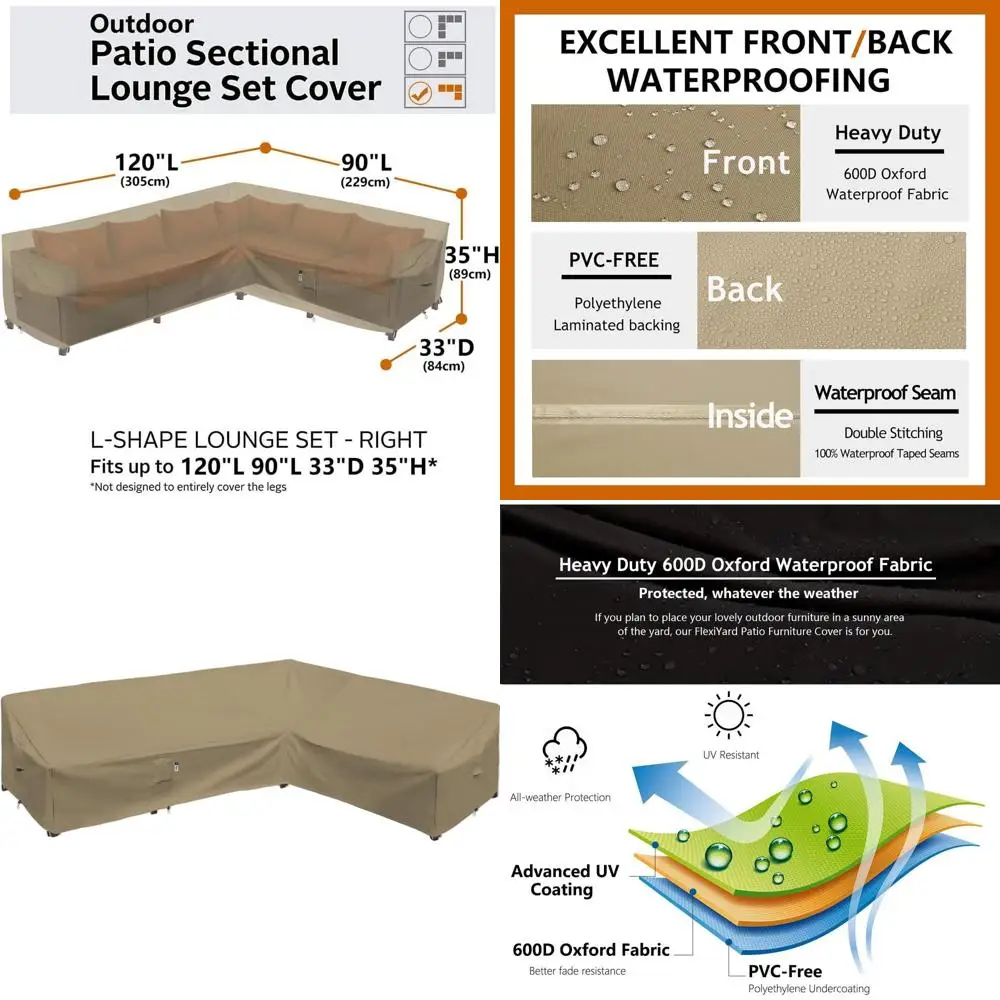 

L-Shaped 120x90 Heavy Duty Outdoor Sectional Sofa Cover, Waterproof 600D Patio Furniture Cover, Desert Khaki
