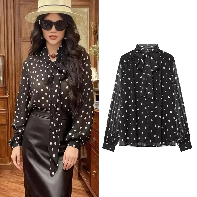 

Women's Polka Dot Shirt with Scarf Neck Overhead V Neck Long Sleeve Lady Top Lightweight Women's Blouse Female Shirts & Blouses