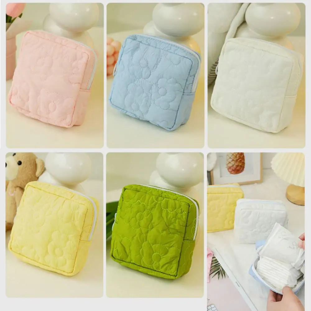 Portable Polyester Cotton Period Bag Square Flower Design Makeup Bags Mini Purse Woman Girls