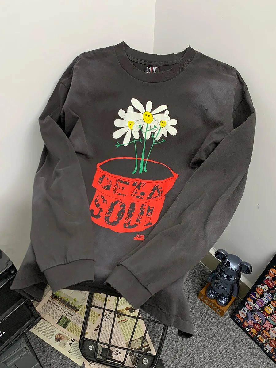 

Washed American Retro Sunflower Crack Print Loose Long Sleeve Men's T-shirt Breathable Casual Style Cotton Autumn Top