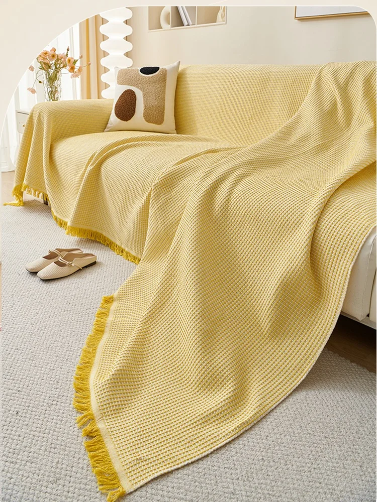 

Yellow sofa towel cover sofa cushion universal light luxury style full cover waffle cover blanket for all seasons