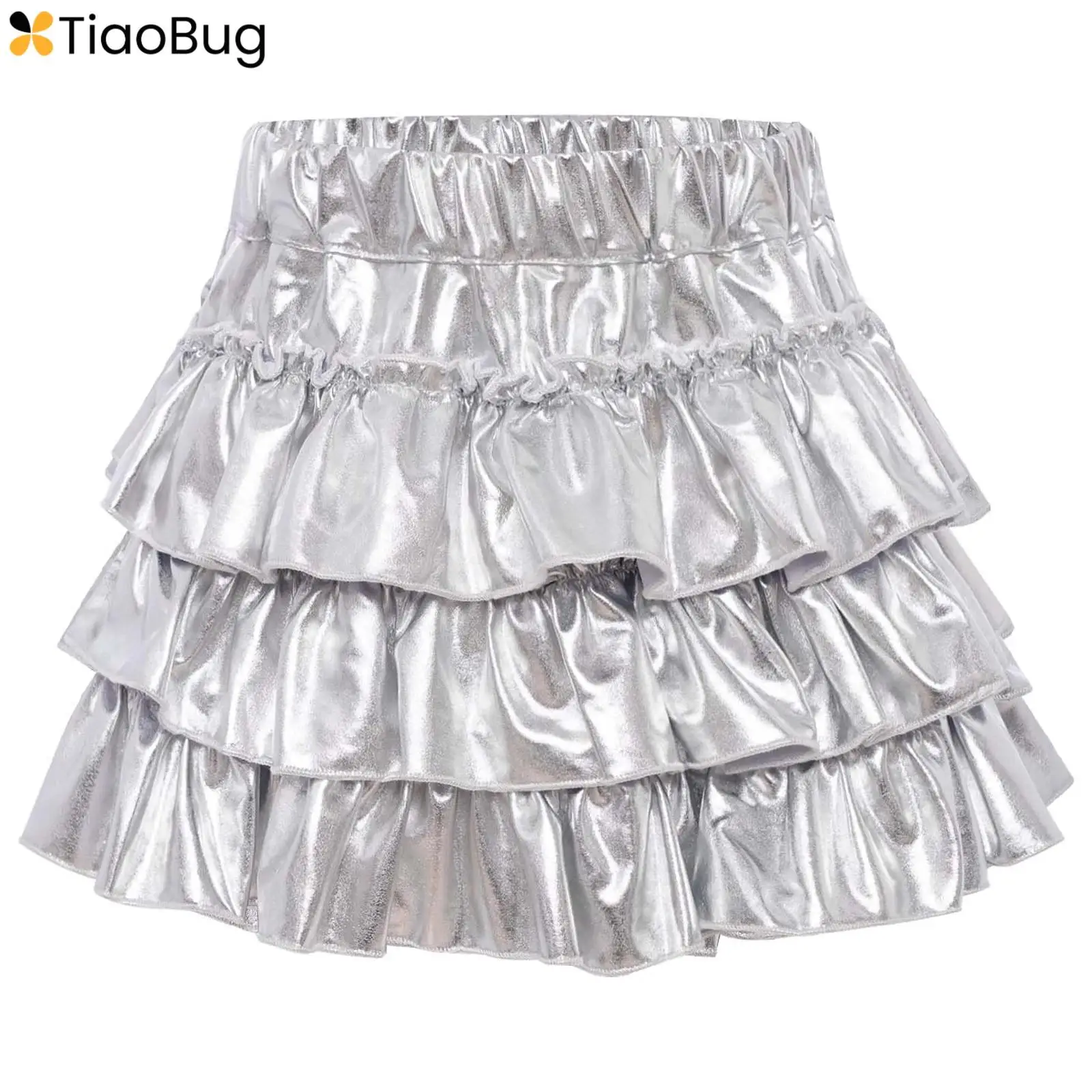 

Kids Girls Dance Skirt High Waist Tiered Ruffles Shiny Metallic Skort with Built-in Shorts Jazz Ballet Performance Streetwear