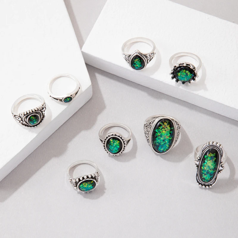 Tocona New Vintage Black Color Opeal Stone Water Drop Ring Sets for Women Men Trendy Geometry Party Jewelry кольца 8pcs/set