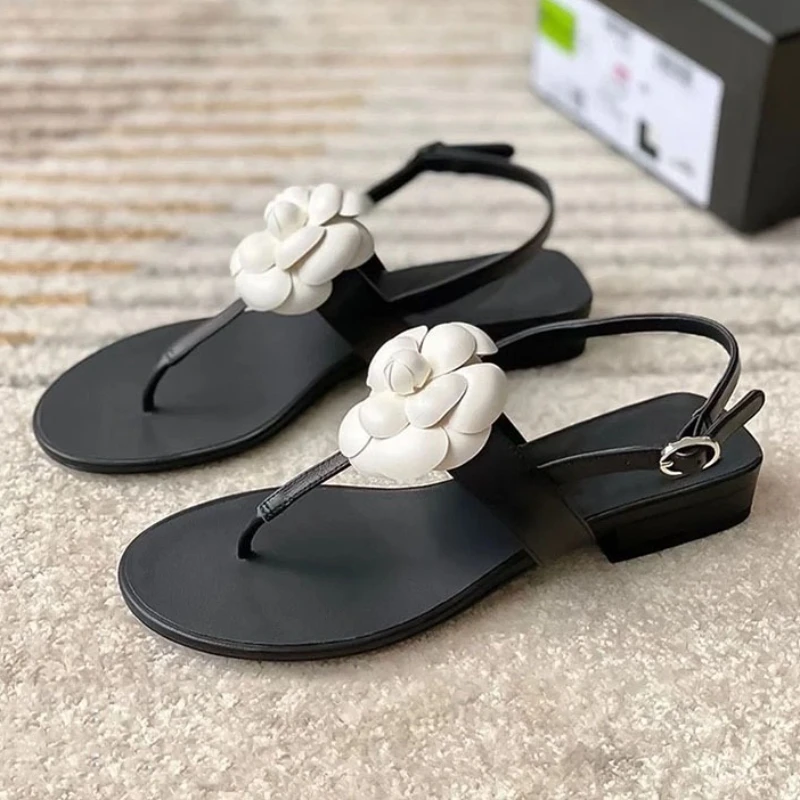 Elegant Flower Decoration Chunky-Heel Sandals for Women Fashion T-Strap Ankle-Buckle Designer Shoes Comfort Summer Beach Sandals