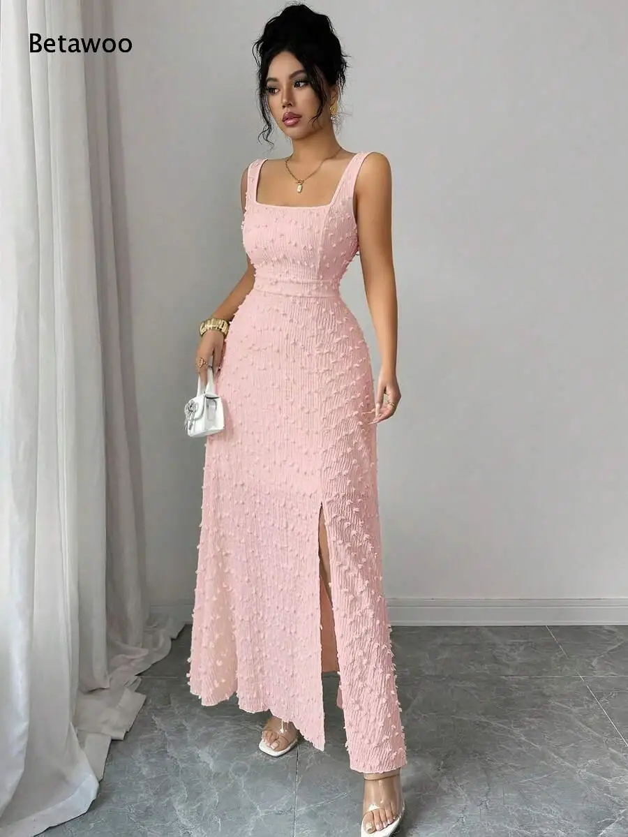 Women Dot Textured Long Dress Square Neck Sleeveless Back Hollow Out Self Bow Tie Waist Cinched Elegant Party Maxi Dress