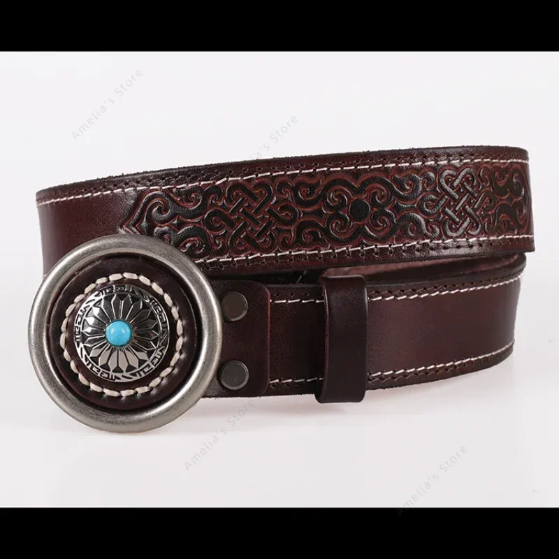 Mongolian Belt for Men Cowhide Waistband Mongolia Girdle Accessories Embossed National Style Retro Waist Band