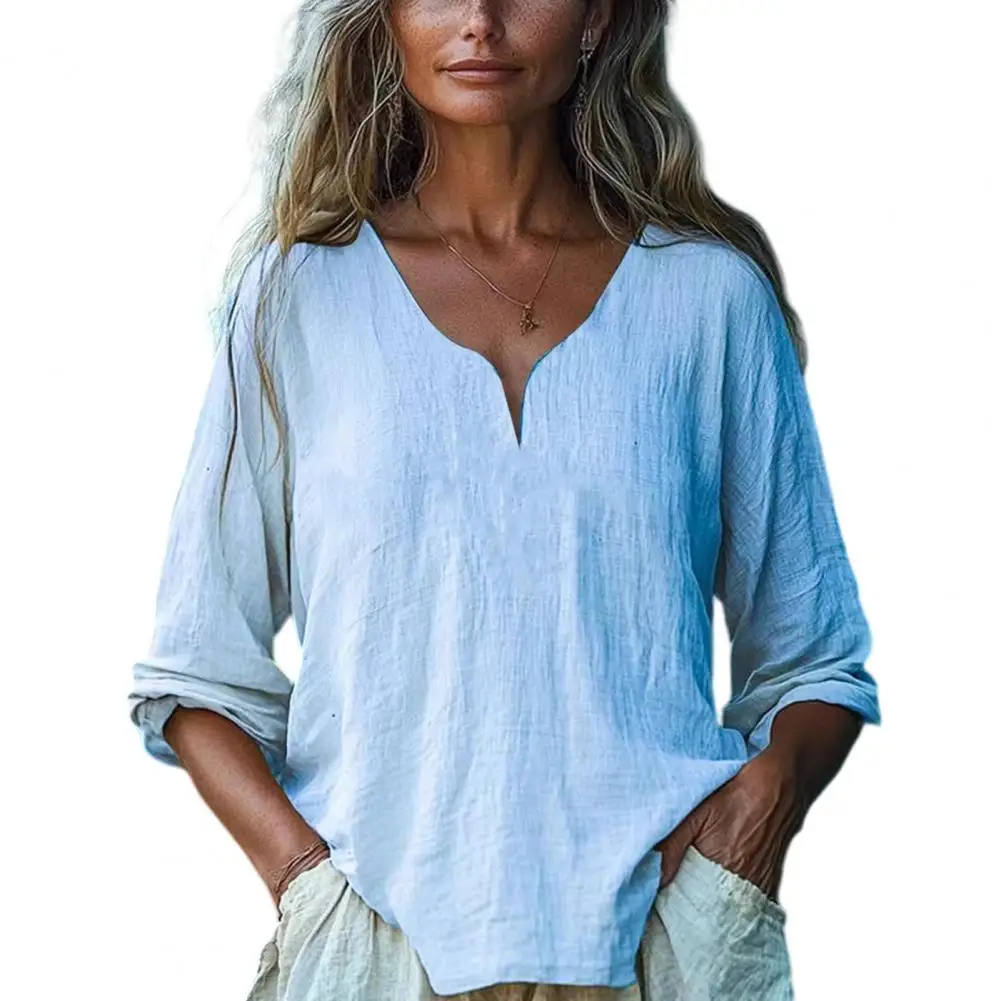 

Женская рубашка свободного кроя, женская дышащая блузка, топ из мягкой ткани, рубашка свободного кроя с рукавом три четверти, V-образным вырезом, весенне-летняя одежда