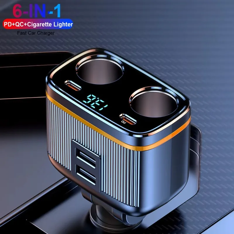 6 in 1 Cigarette Lighter Splitter 145W USB C Car Charger 4 Ports PD30W Car Charger Adapter Voltage Display for All Car Devices