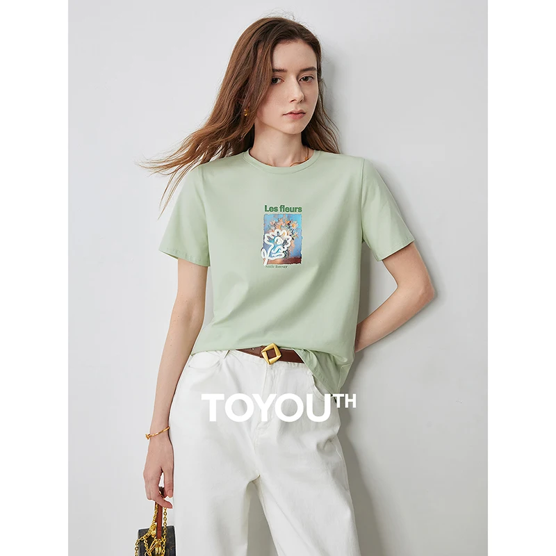 TOYOUTH Women T-shirt 2024 Summer New Casual Round Neck Fashion Printed Cotton Tops