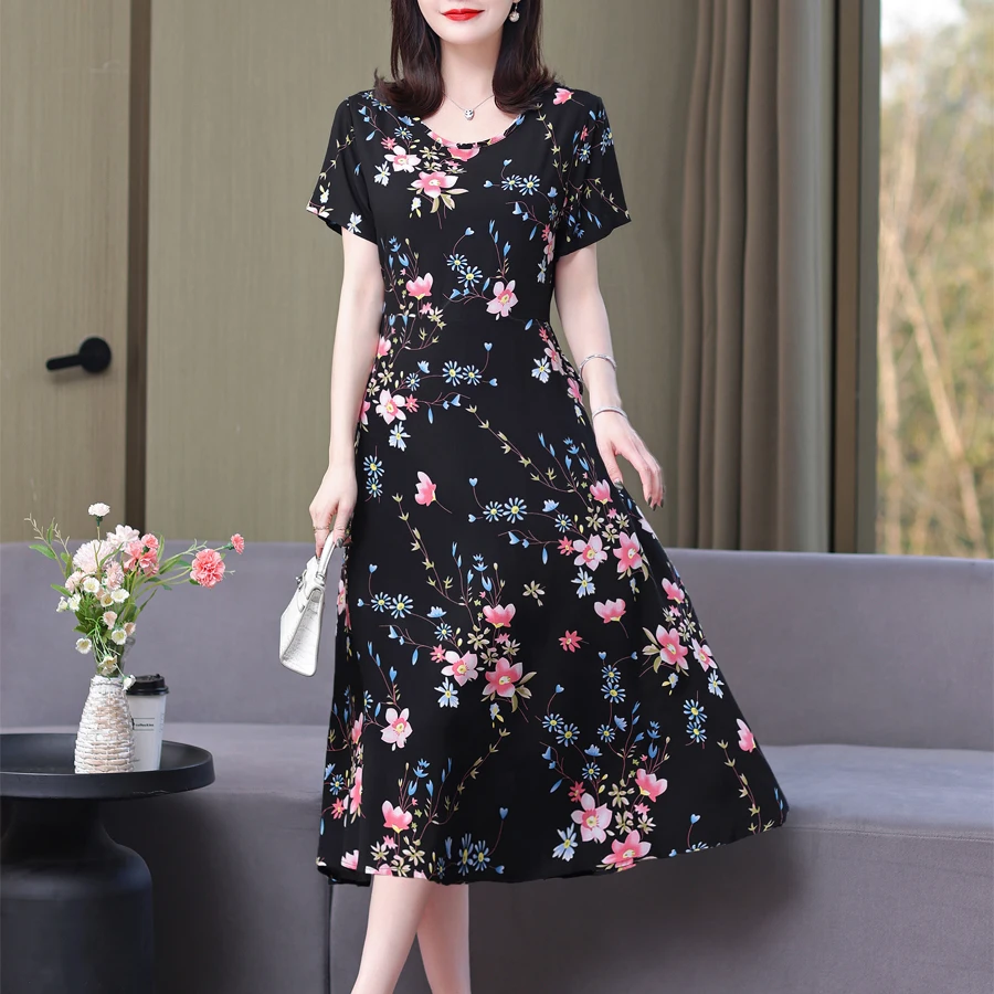 New Fashion Casual 2024 Summer Elegant Dresses For Women O-Neck Print Vintage Short Sleeve Dress Loose Women Clothing