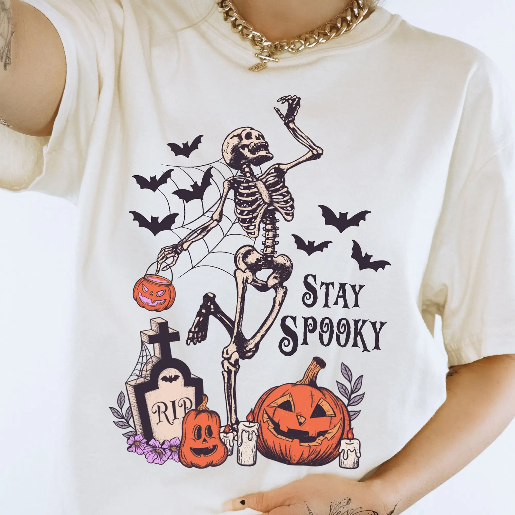 Stay Spooky T Shirt Halloween Vintage Skeleton Pumpkin Skull