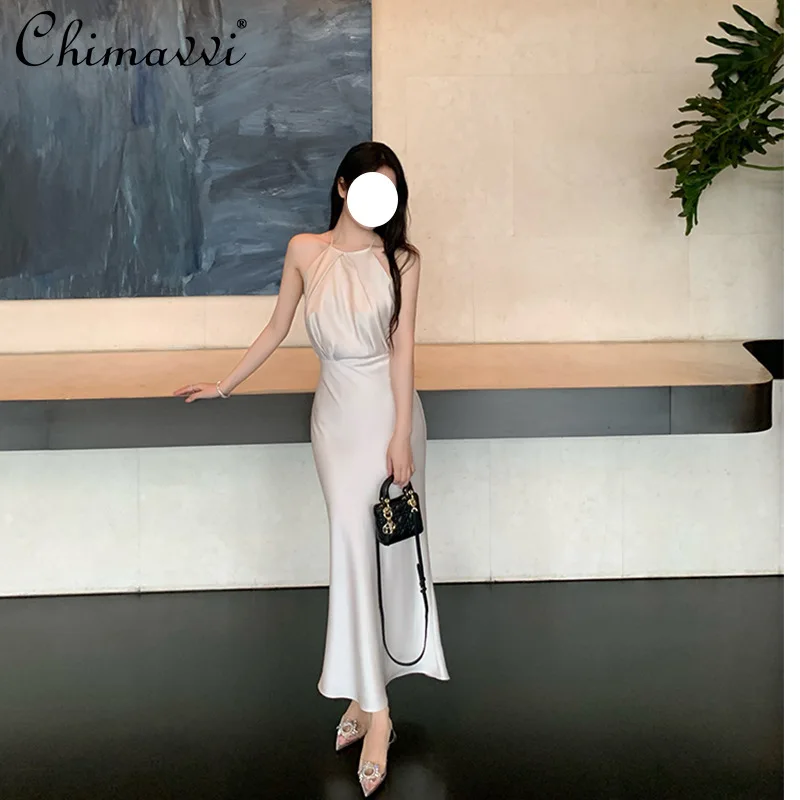 

French Style Temperament Socialite Sleeveless Off-Shoulder Halter High Waist Slim Fit Sheath Satin Evening Long Dress For Women