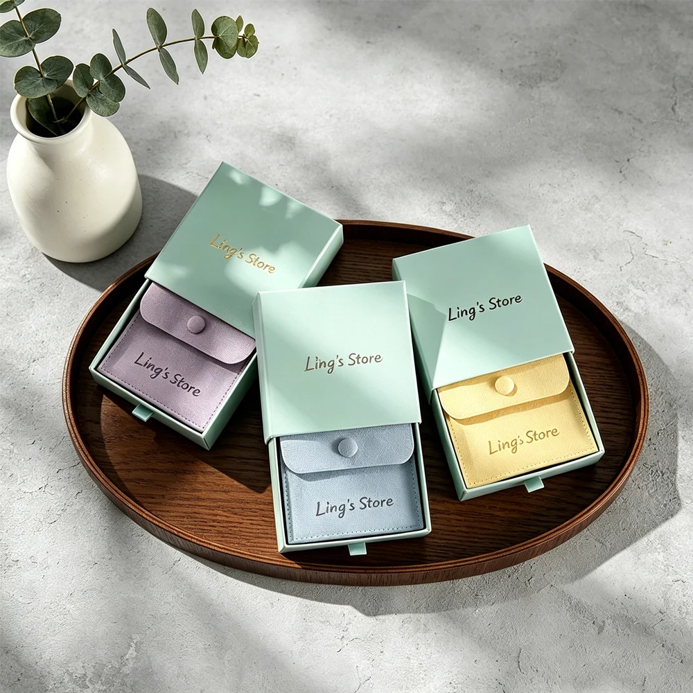 

9x9x2.5cm Green Paper Drawer Box Cardboard Jewelry Packaging Case Inside 8x8cm Microfiber Snap Button Gift Bag Small Suede Pouch