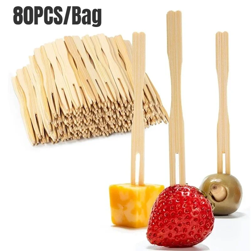 

80PCS/Bag Bamboo Disposable Wooden Fruit Fork Salad Dessert Cocktail Family Party Birthday Wedding Tableware Decorative Items