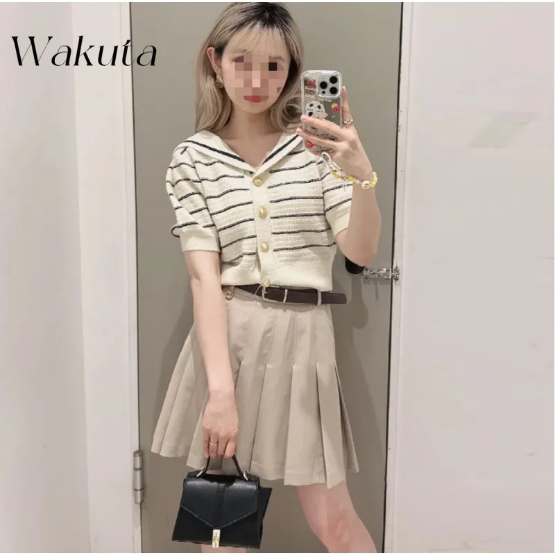 WAKUTA Vintage Japanese Summer Polo Collar Knit College Style Short Sleeved Single Breasted Knit Tops Poleras De Invierno Mujer