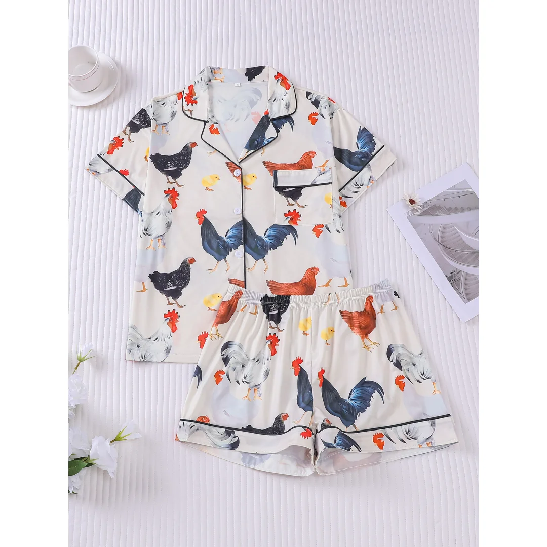 

Animals Themed Pajamas with Cock Print Lapel Short Sleeve Shorts Loungewear Home Wear Set Clothes Valentine's Day Women Gifts