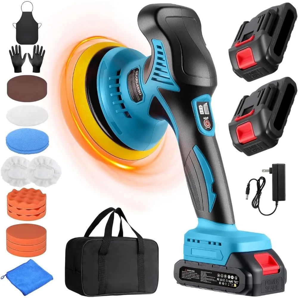 

Cordless Car Polisher with Dual Batteries, 8-Speed Control, and 17-Piece Kit for Detailing