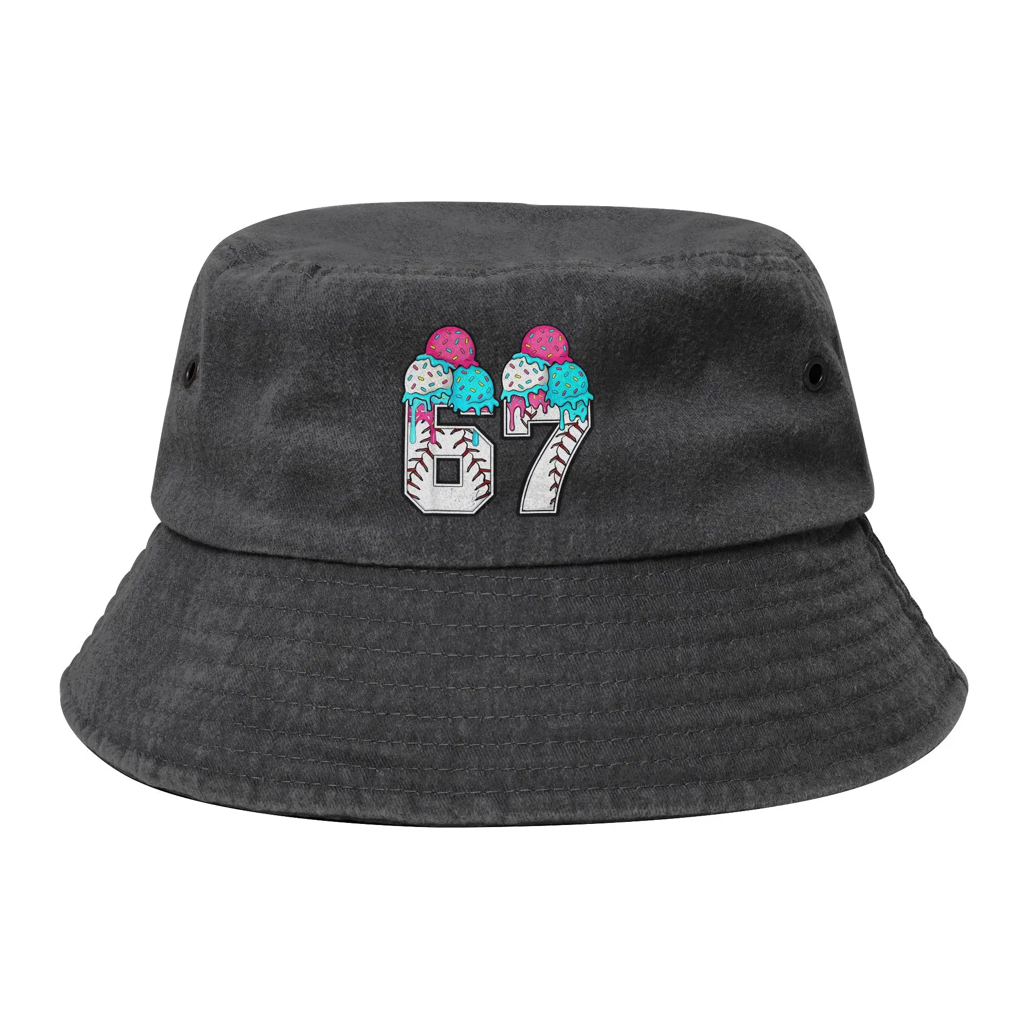 Six Seven Baseball Ice Cream Drip Meme 67 Funny Bucket Hat for Teen Summer Distressed Denim Washed Field Hat Outdoor Fishing Hat