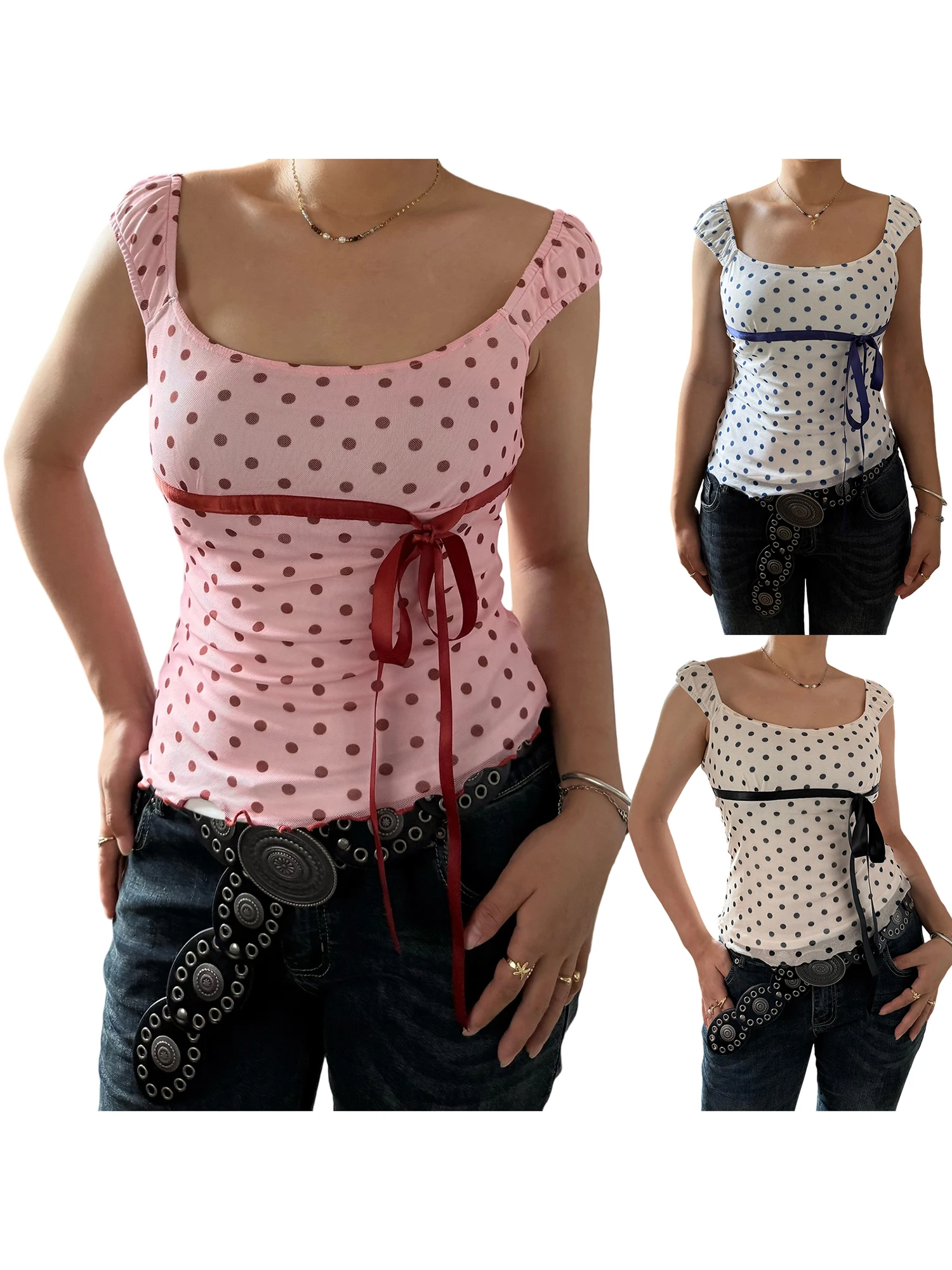 Blusa de verano con estampado de lunares para mujer con cinturón, escote cuadrado, mangas casquillo y top de estilo informal ajustado