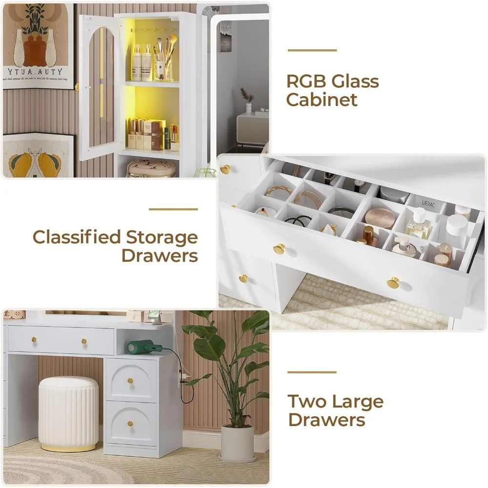 مكتب زينة أبيض مضيء مع 7 أدراج ومرآة ومنفذ شحن وخزانة زجاجية rgb #6