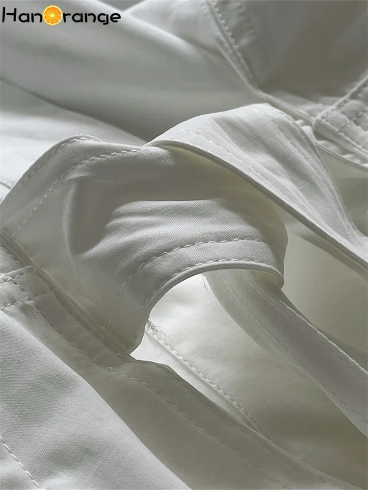 HanOrange 2025 Spring Shirt Dress Loose Profile Tie Waist Art Half Sleeve Dress White/army Green