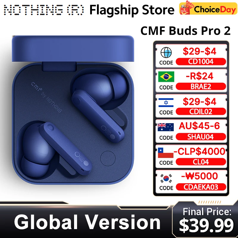 الإصدار العالمي لا شيء CMF Buds Pro 2 بواسطة سماعة بلوتوث 5.3 مع 50 ديسيبل هجين نشط إلغاء الضوضاء 6 HD MICS IP55