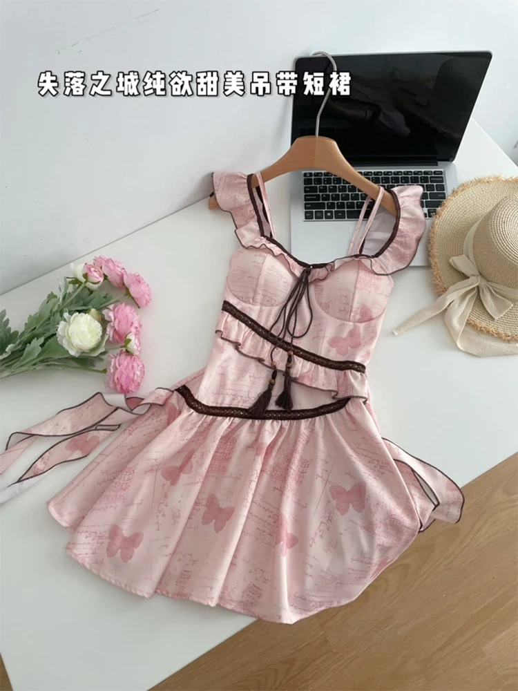 Summer Sweet Gyaru Mini Sleeveless Square Collar Mini Dress Women 2000s Frock One-Piece Coquette Ballet Core French Vintage Mori