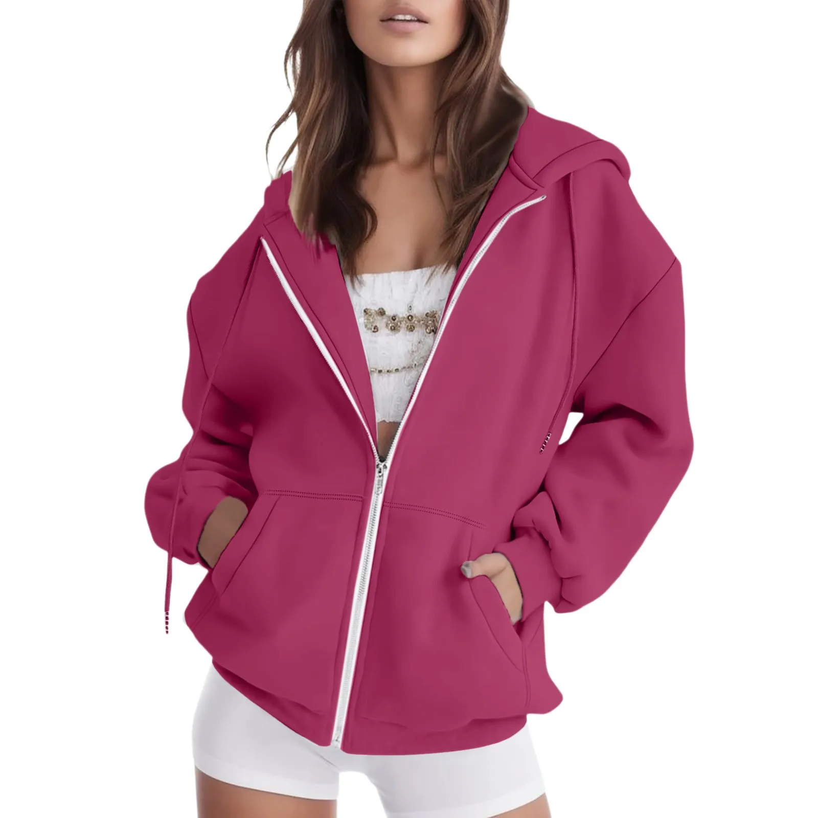 Plus Size Hoodie For Women Casual Solid Color Long Sleeve Zipper Hooded Coat Pocket Stitch Sweatshirt Tops Fleece Zip Up Jackets