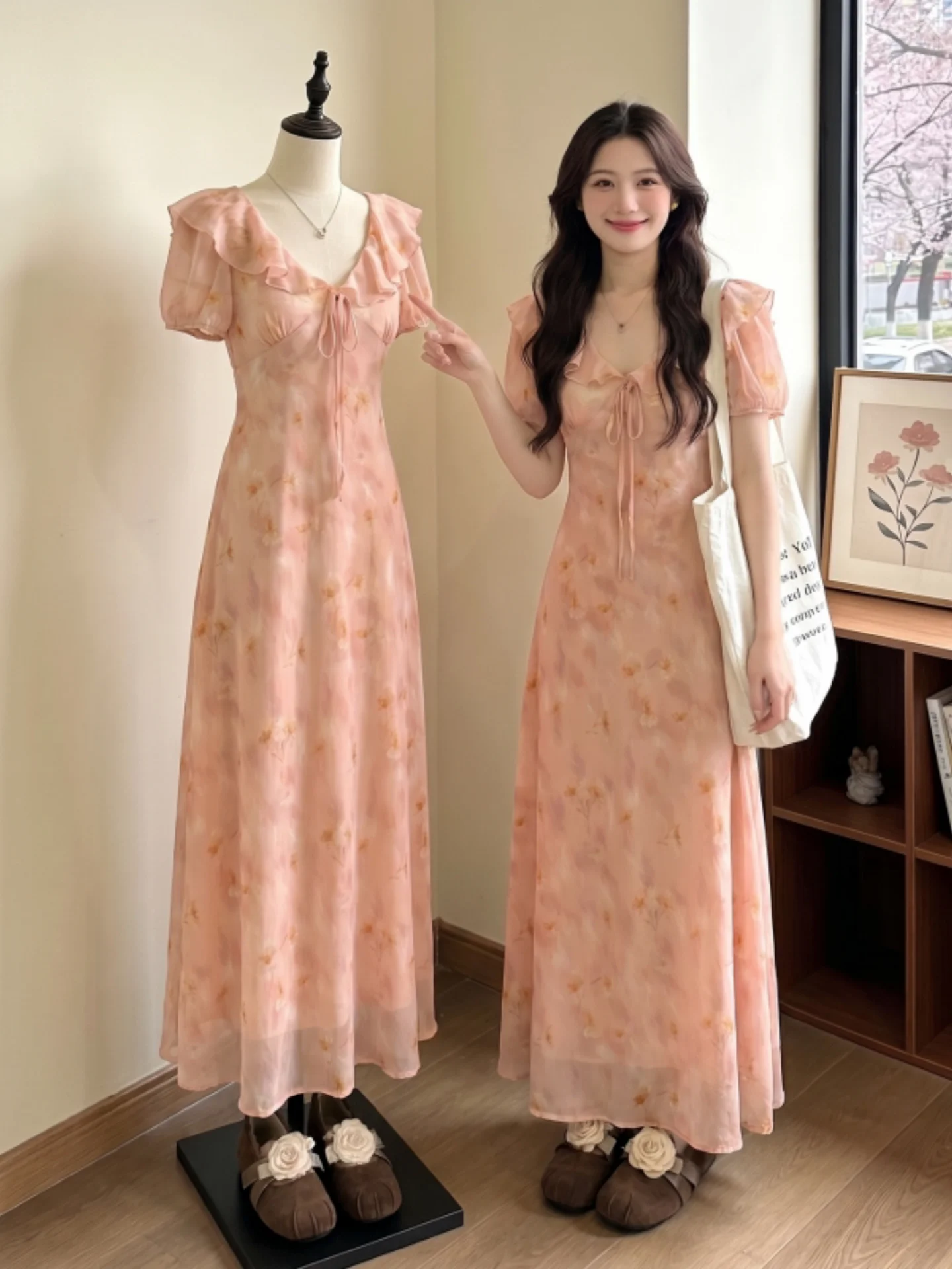 

Floral Print Maxi Dress Women's V-Neck Puff Sleeve Slimming Waist Summer New Style plus Size Beautiful Long Dress