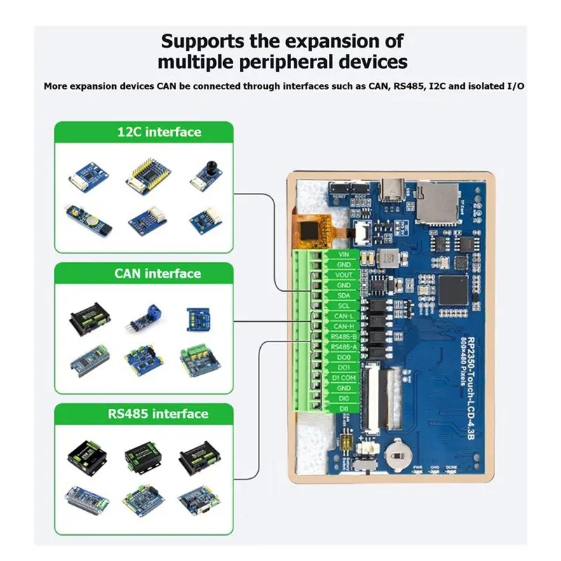 AY14 -RP2350 4.3Inch Touch LCD Dev-Board 800X480 Captive Touchscreen Display Board LVGL With Sensor CAN/I2C/RS485
