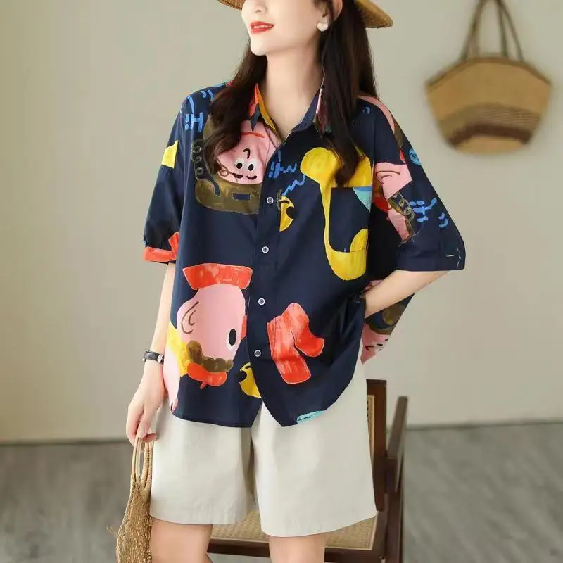 

Retro Harajuku Style Printed Short-sleeved Shirt for Women Summer New Korean Casual Versatile Top
