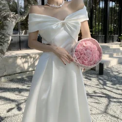 French Satin Off-Shoulder Dress Summer White Elegant Formal Evening Dress Dress Korean Wedding Banquet Dress Y2k Women Clothing